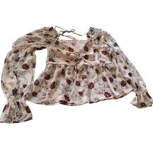 Mi Ami Blouse Lyla Key Hole Cinch Floral Stretch Back Hippie Boho‎ Womens Medium